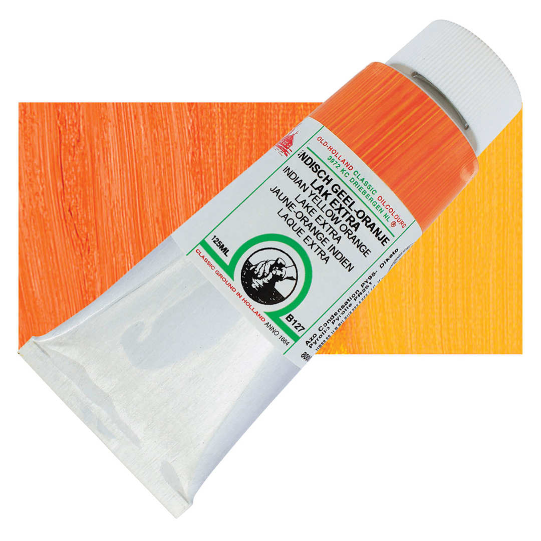Open in modal - Old Holland Classic Oil Color - Indian Yellow Orange Lake Extra, 125 ml tube and swatch