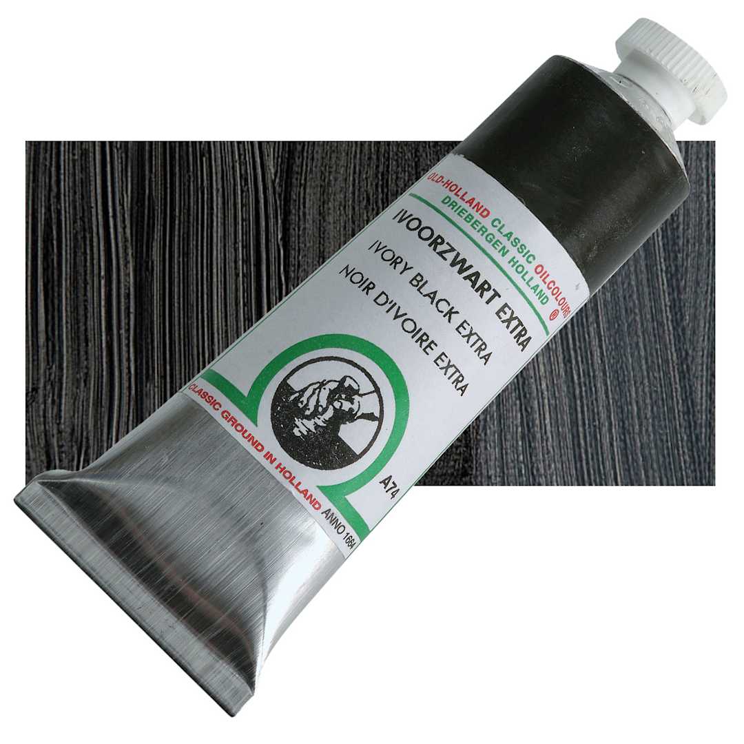 Open in modal - Old Holland Classic Oil Color - Ivory Black Extra, 40 ml tube and swatch