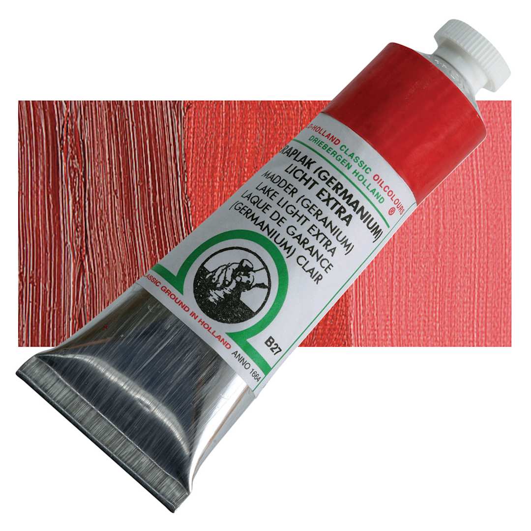 Open in modal - Old Holland Classic Oil Color - Madder (Geranium) Lake Light Extra, 40 ml tube and swatch