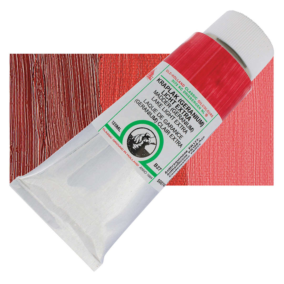 Open in modal - Old Holland Classic Oil Color - Madder (Geranium) Lake Light Extra, 125 ml tube and swatch