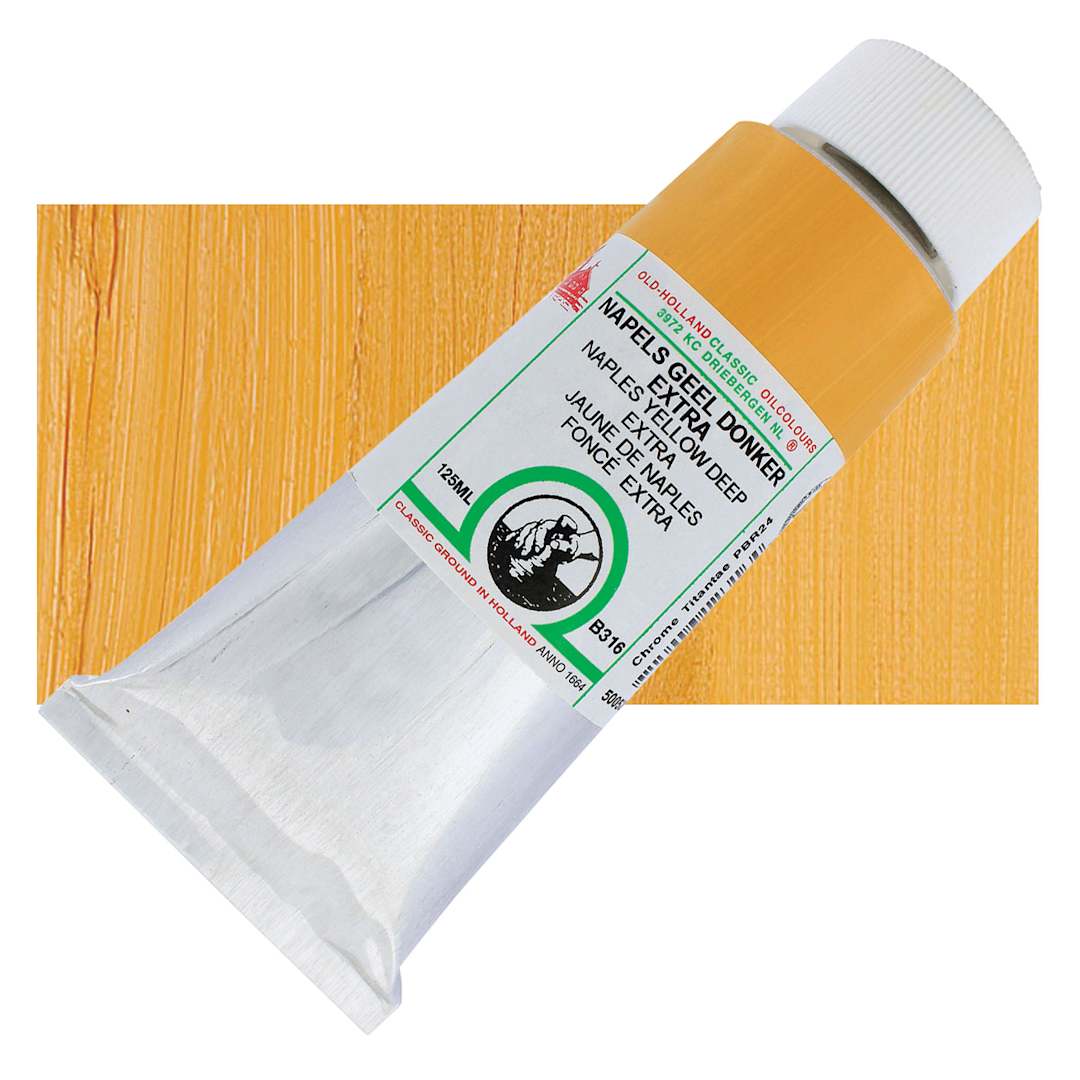 Open in modal - Old Holland Classic Oil Color - Naples Yellow Deep Extra, 125 ml tube and swatch