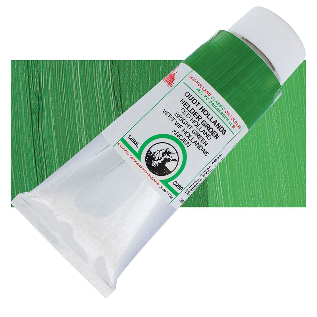 Open in modal - Old Holland Classic Oil Color - Old Holland Bright Green, 125 ml tube and swatch