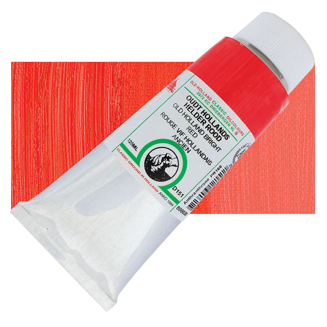 Open in modal - Old Holland Classic Oil Color - Old Holland Bright Red, 125 ml tube and swatch