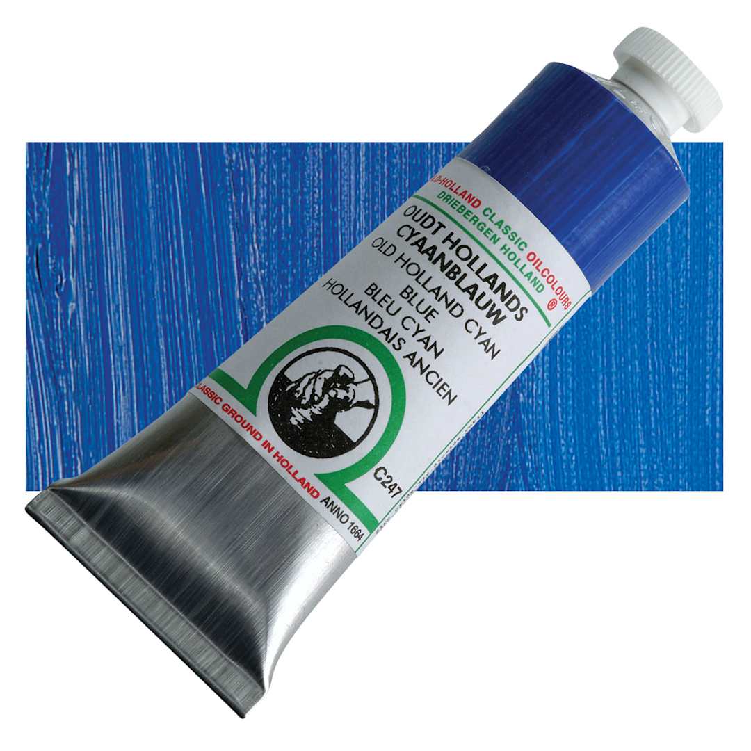 Open in modal - Old Holland Classic Oil Color - Old Holland Cyan Blue, 40 ml tube and swatch
