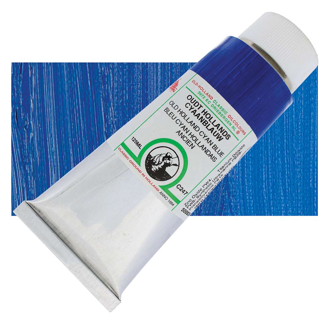 Open in modal - Old Holland Classic Oil Color - Old Holland Cyan Blue, 125 ml tube and swatch