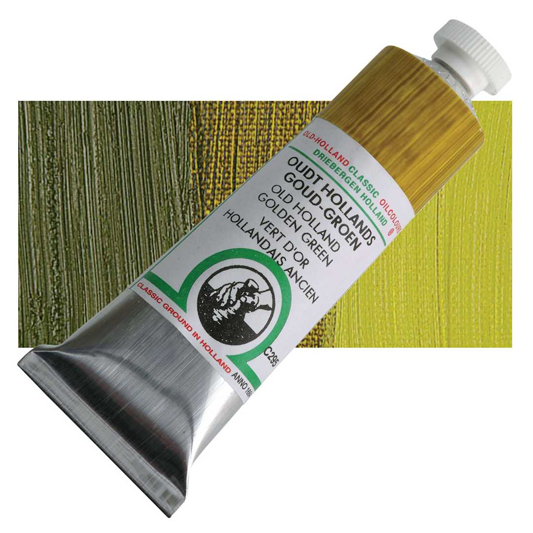 Open in modal - Old Holland Classic Oil Color - Old Holland Golden Green, 40 ml tube and swatch