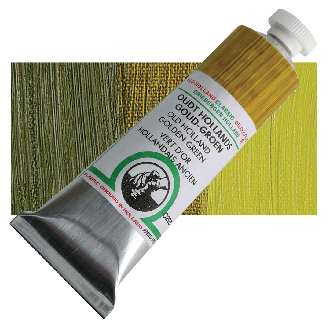 Open in modal - Old Holland Classic Oil Color - Old Holland Golden Green, 125 ml tube and swatch