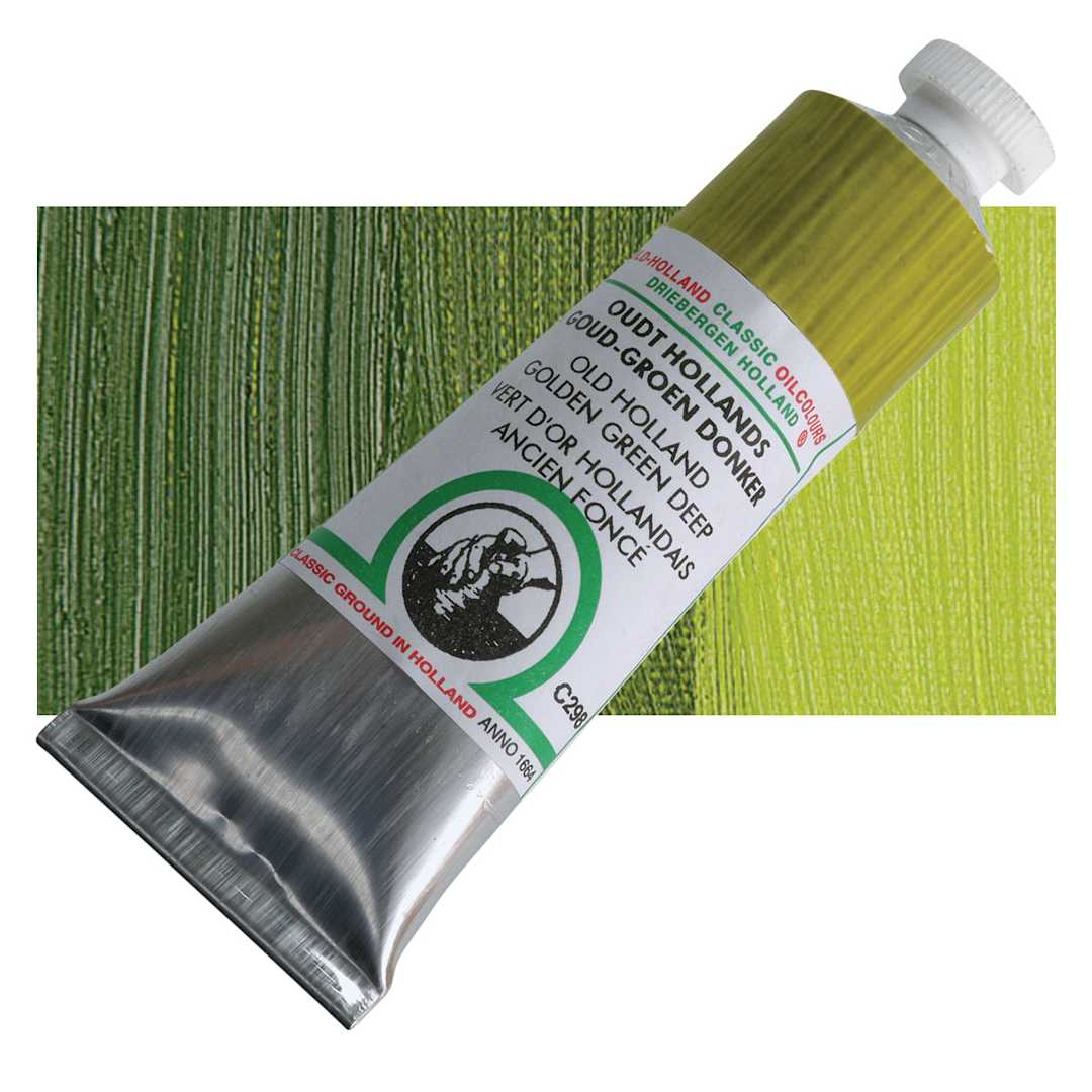 Open in modal - Old Holland Classic Oil Color - Old Holland Golden Green Deep, 40 ml tube and swatch