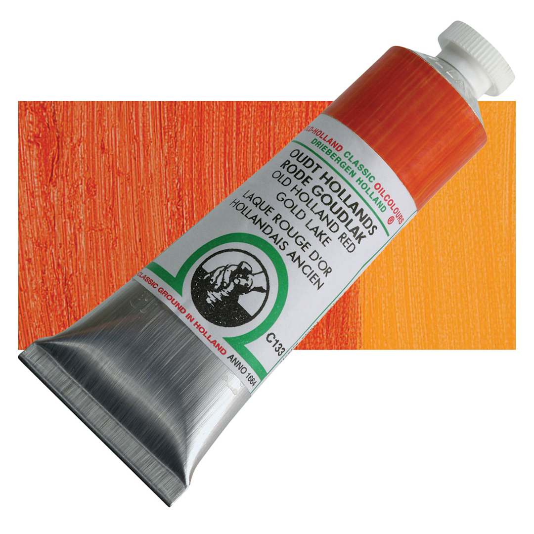 Open in modal - Old Holland Classic Oil Color - Old Holland Red Gold Lake, 40 ml tube and swatch