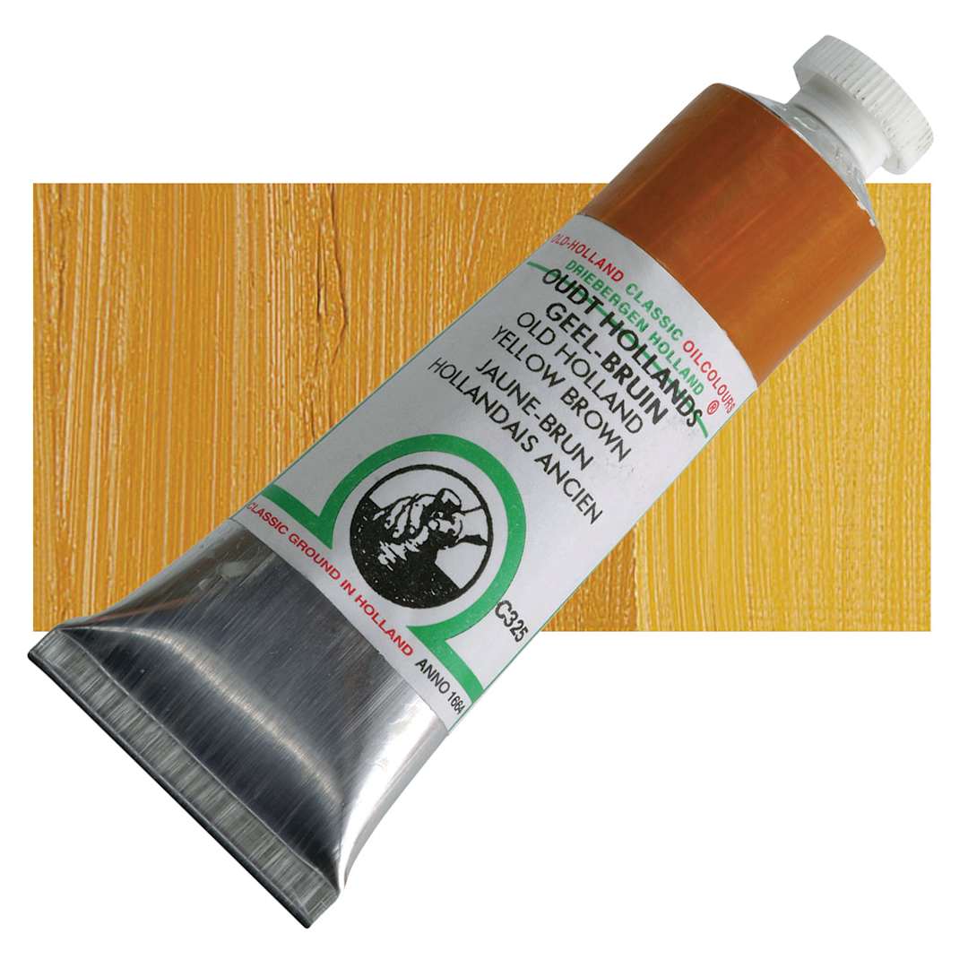 Open in modal - Old Holland Classic Oil Color - Old Holland Yellow Brown, 40 ml tube and swatch