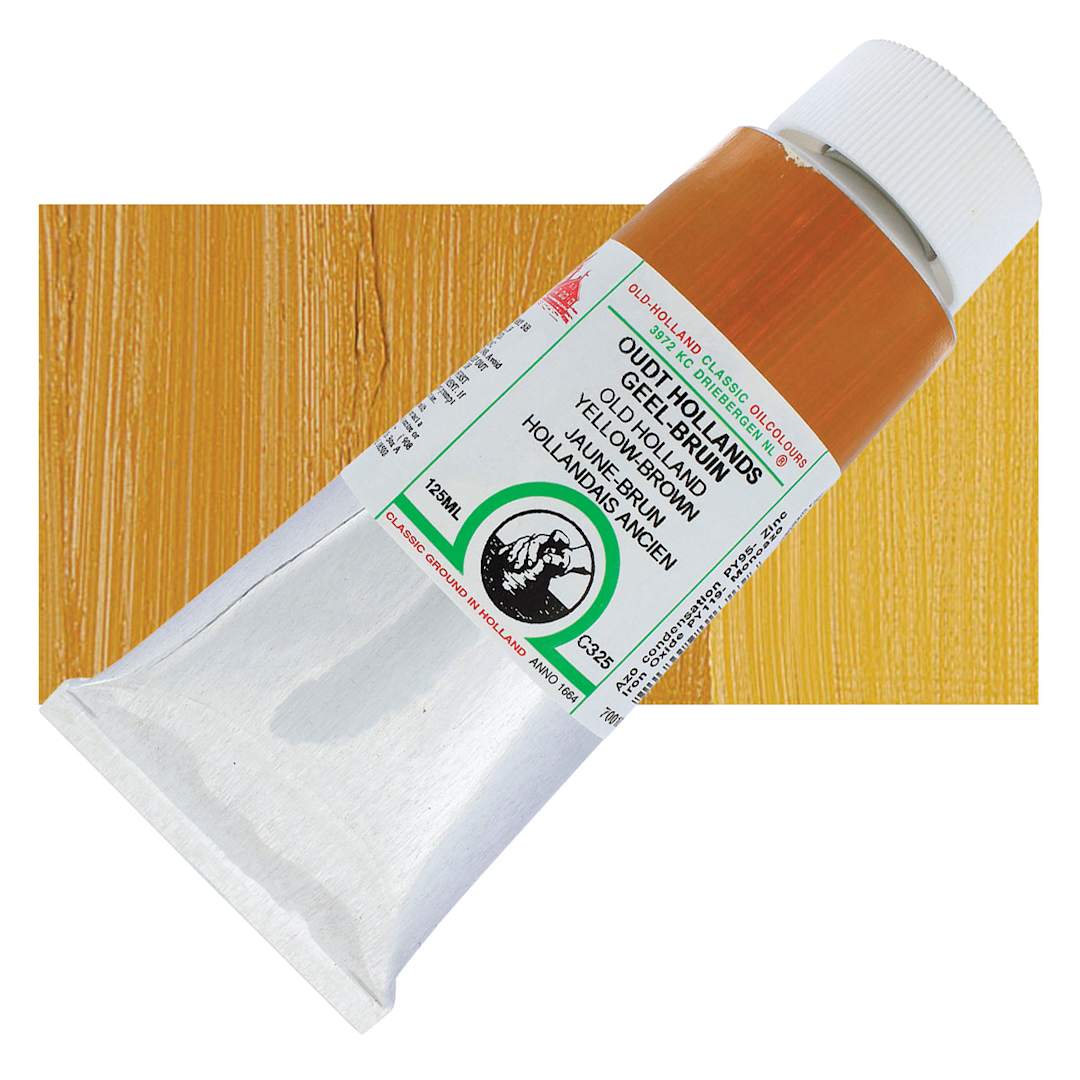 Open in modal - Old Holland Classic Oil Color - Old Holland Yellow Brown, 125 ml tube and swatch