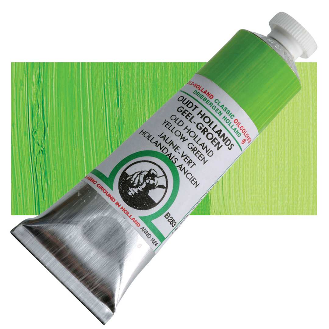 Open in modal - Old Holland Classic Oil Color - Old Holland Yellow Green, 40 ml tube and swatch