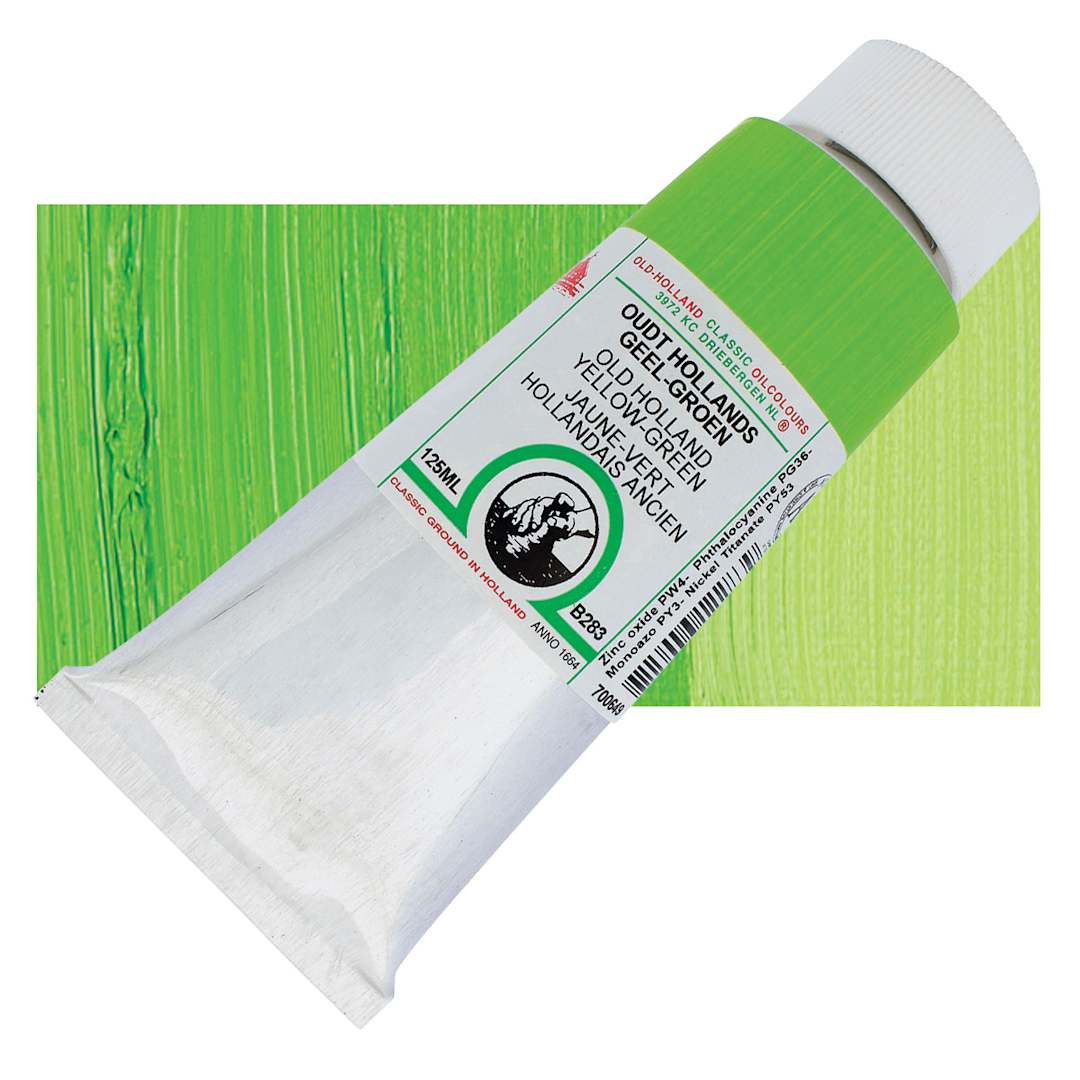 Open in modal - Old Holland Classic Oil Color - Old Holland Yellow Green, 125 ml tube and swatch