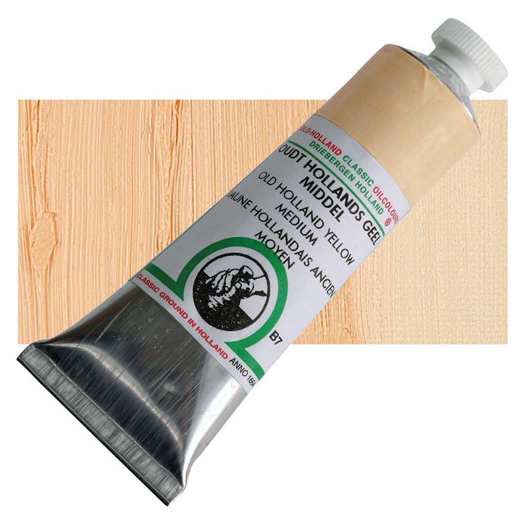 Open in modal - Old Holland Classic Oil Color - Old Holland Yellow Medium, 40 ml tube and swatch