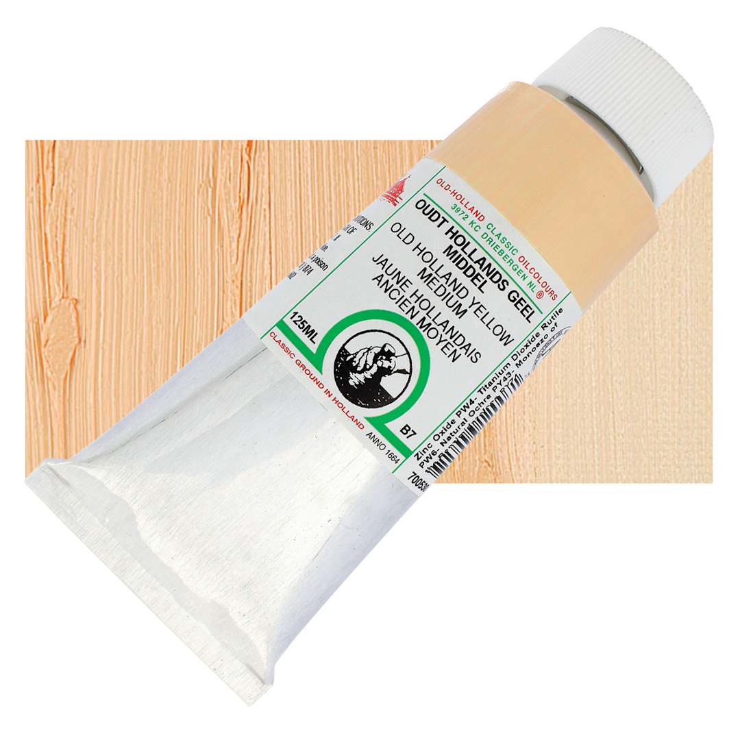 Open in modal - Old Holland Classic Oil Color - Old Holland Yellow Medium, 125 ml tube and swatch