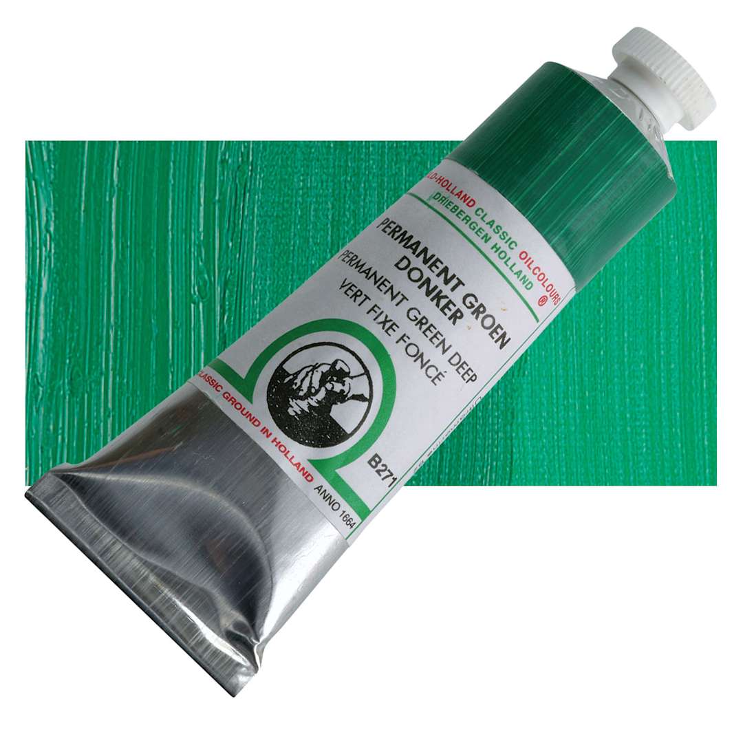 Open in modal - Old Holland Classic Oil Color - Permanent Green Deep, 40 ml tube and swatch