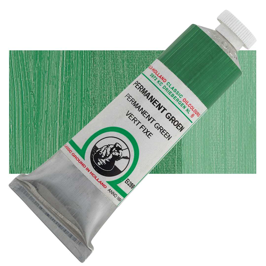 Open in modal - Old Holland Classic Oil Color - Permanent Green, 40 ml tube and swatch