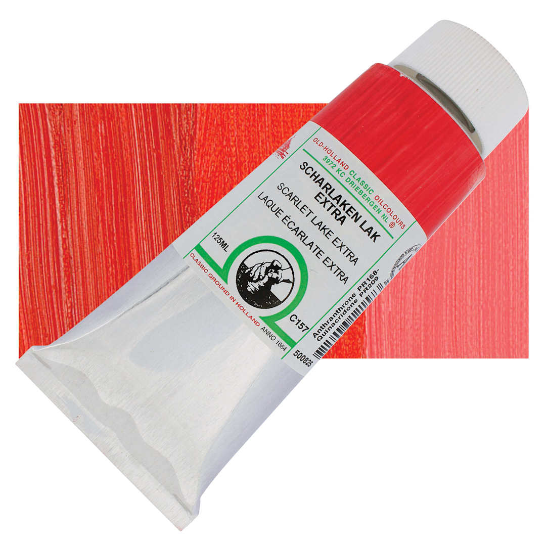 Open in modal - Old Holland Classic Oil Color - Scarlet Lake Extra, 125 ml tube and swatch