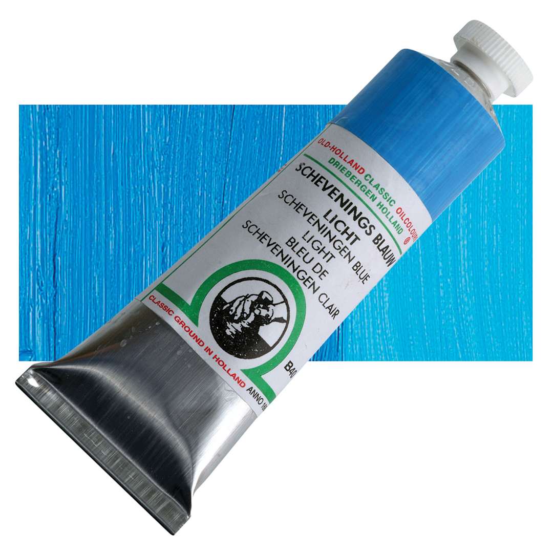 Open in modal - Old Holland Classic Oil Color - Scheveningen Blue Light, 40 ml tube and swatch