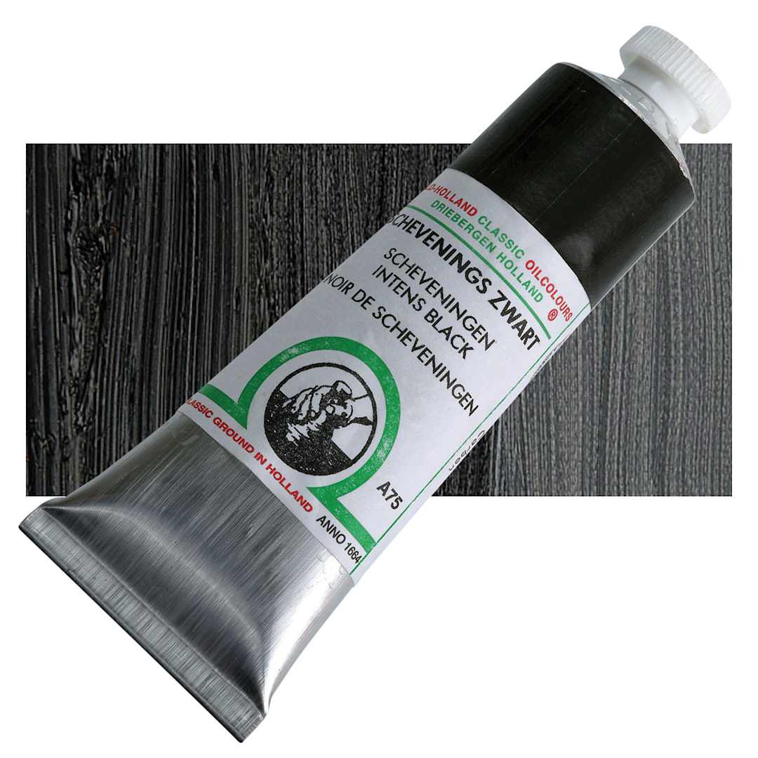 Open in modal - Old Holland Classic Oil Color - Scheveningen Intense Black, 40 ml tube and swatch