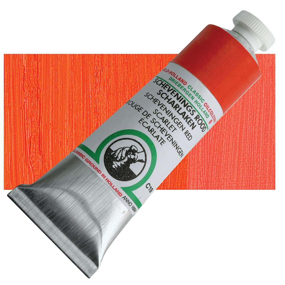 Open in modal - Old Holland Classic Oil Color - Scheveningen Red Scarlet, 40 ml tube and swatch