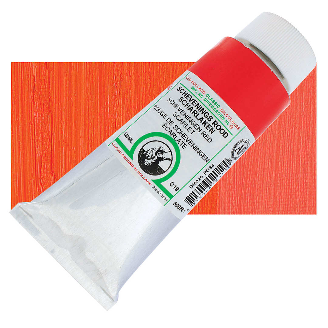 Open in modal - Old Holland Classic Oil Color - Scheveningen Red Scarlet, 125 ml tube and swatch