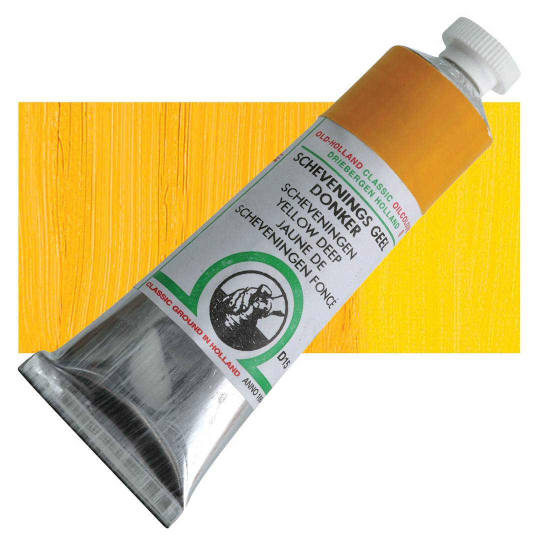 Open in modal - Old Holland Classic Oil Color - Scheveningen Yellow Deep, 40 ml tube and swatch