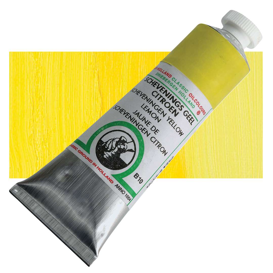 Open in modal - Old Holland Classic Oil Color - Scheveningen Yellow Lemon, 40 ml tube and swatch