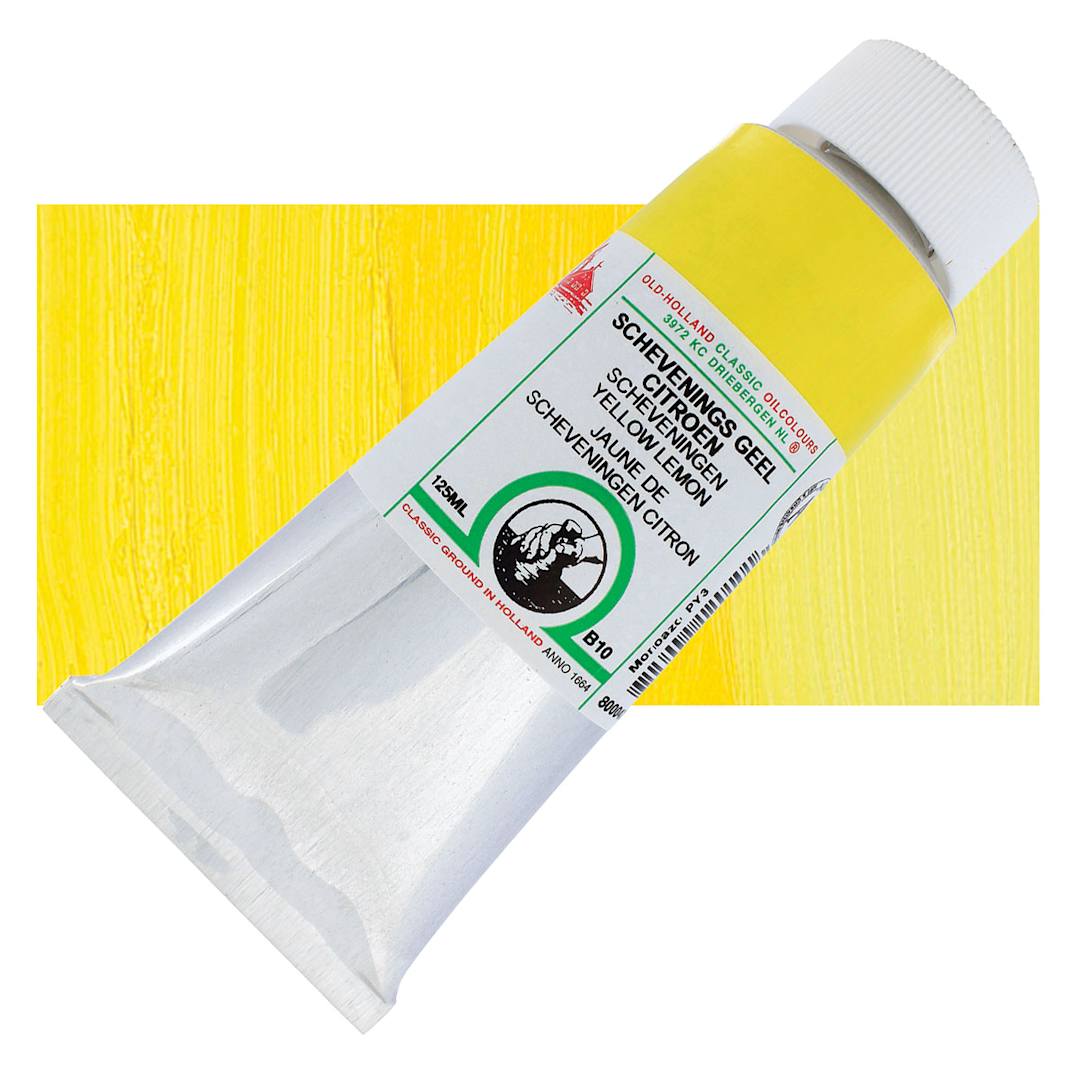 Open in modal - Old Holland Classic Oil Color - Scheveningen Yellow Lemon, 125 ml tube and swatch