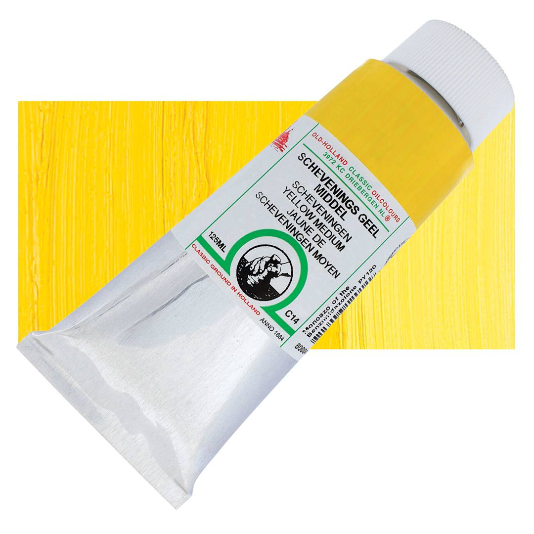 Open in modal - Old Holland Classic Oil Color - Scheveningen Yellow Medium, 125 ml tube and swatch