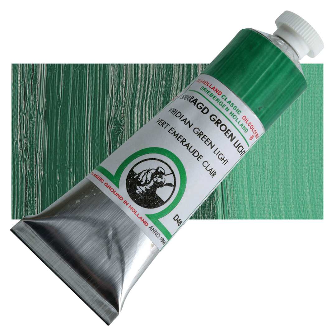 Open in modal - Old Holland Classic Oil Color - Viridian Green Light, 40 ml tube and swatch