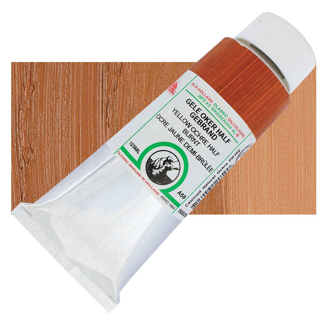Open in modal - Old Holland Classic Oil Color - Yellow Ochre Half Burnt, 125 ml tube and swatch