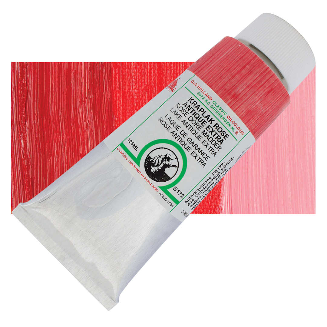 Open in modal - Old Holland Classic Oil Color - Rose Dore Madder Lake Antique Extra, 125 ml tube and swatch