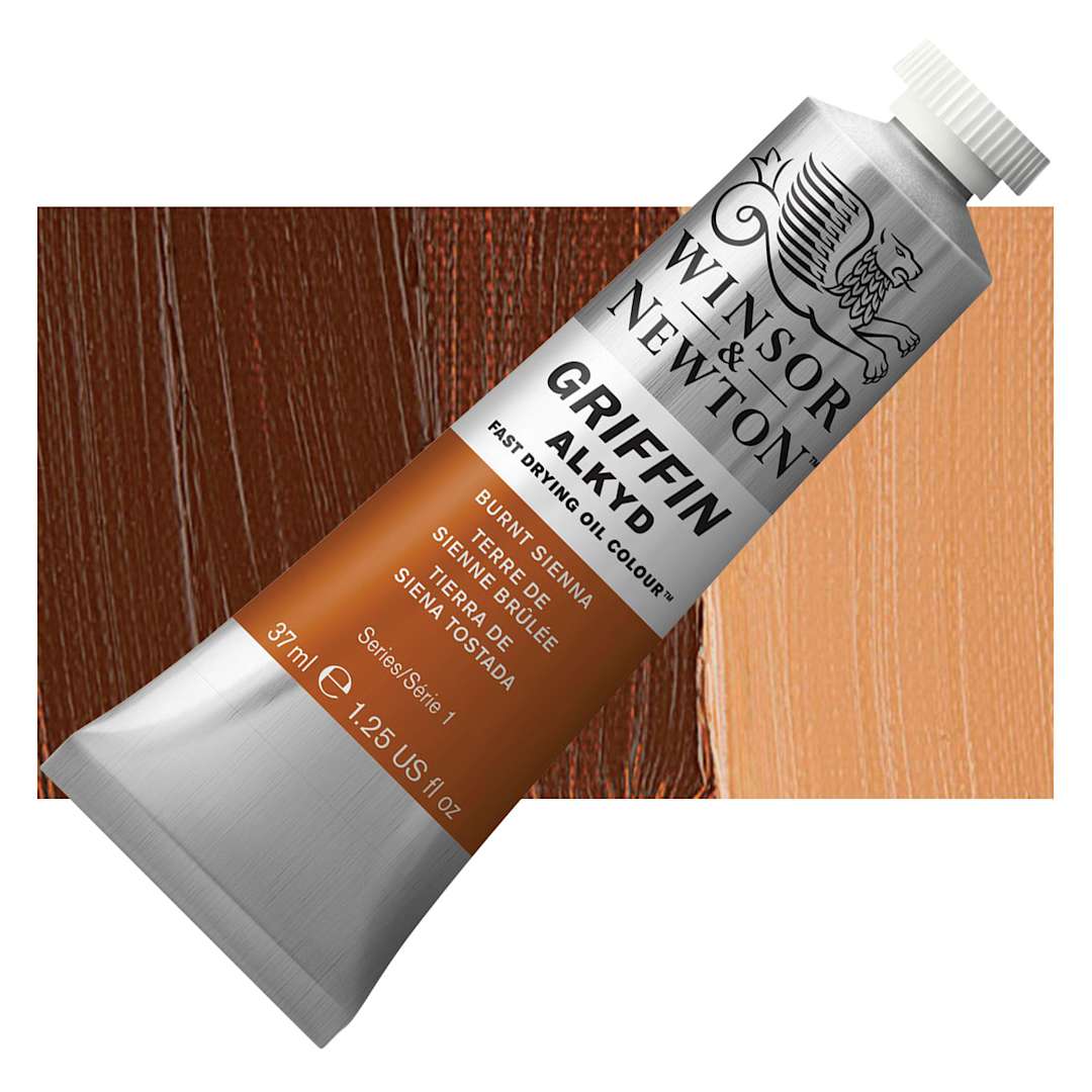 Open in modal - Winsor & Newton Griffin Alkyd - Burnt Sienna, 37 ml tube and swatch