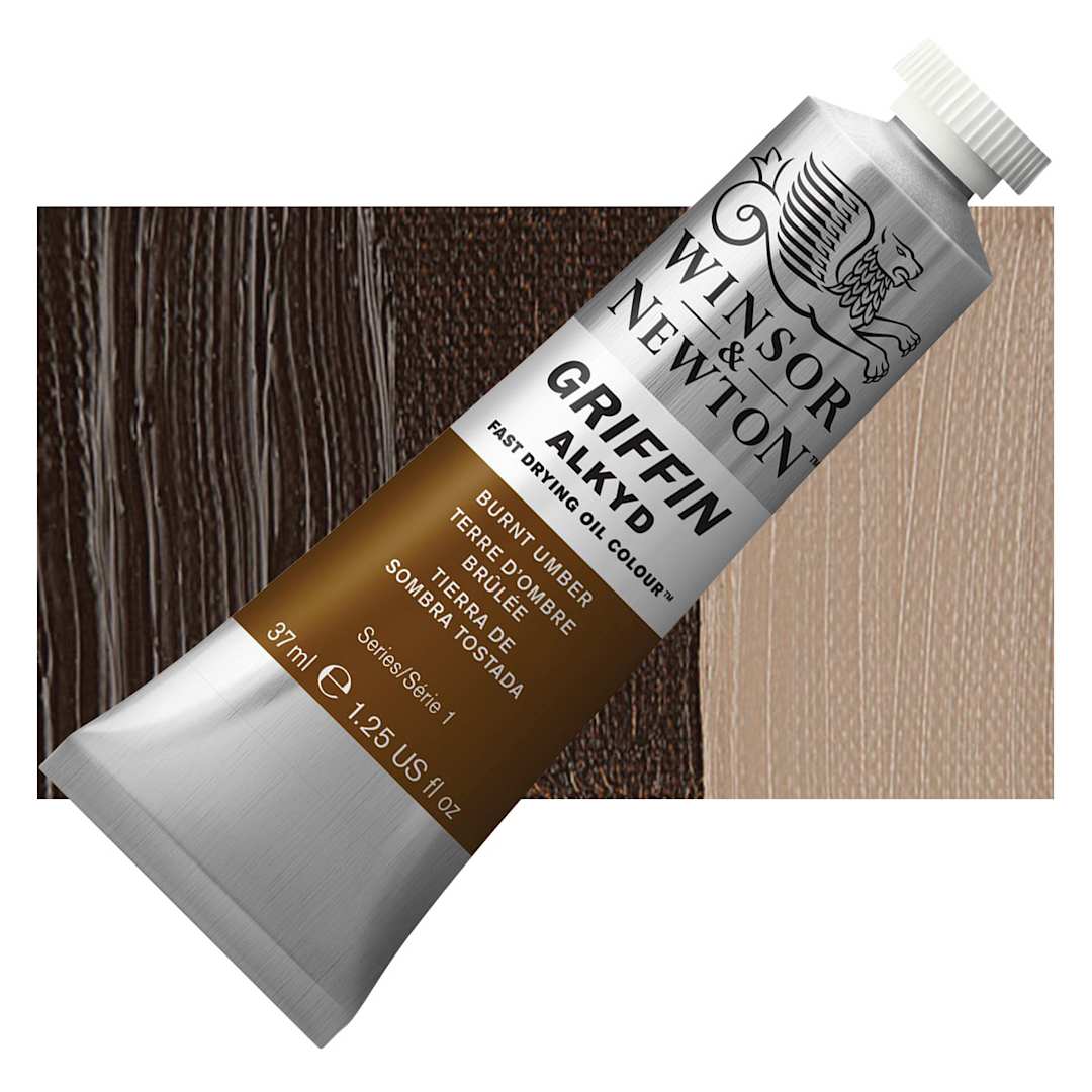 Open in modal - Winsor & Newton Griffin Alkyd - Burnt Umber, 37 ml tube and swatch