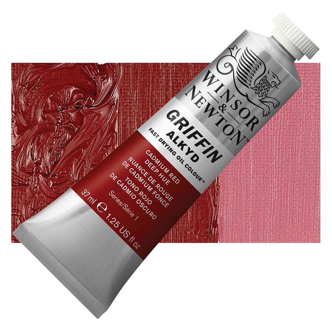 Open in modal - Winsor & Newton Griffin Alkyd - Cadmium Red Deep Hue, 37 ml tube and swatch