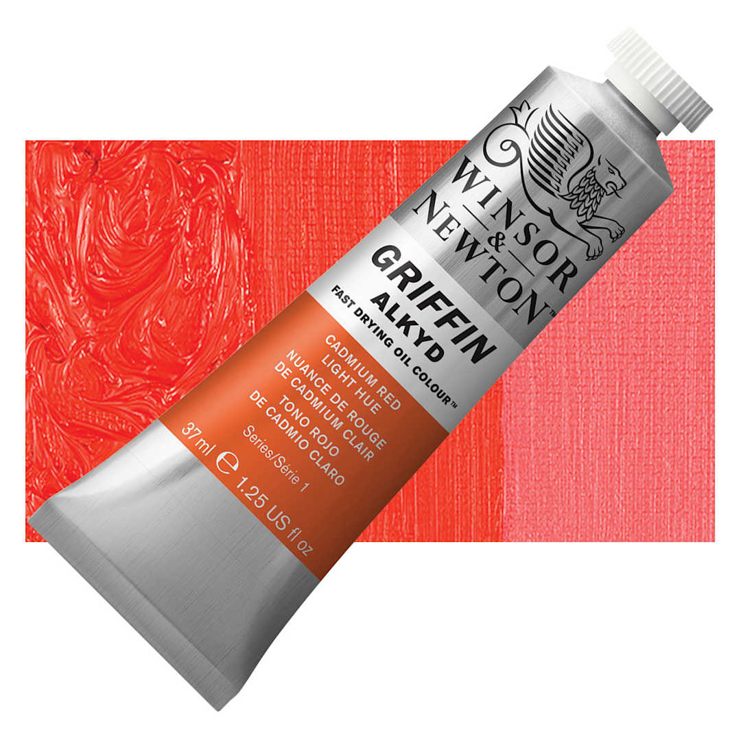 Open in modal - Winsor & Newton Griffin Alkyd - Cadmium Red Light Hue, 37 ml tube and swatch