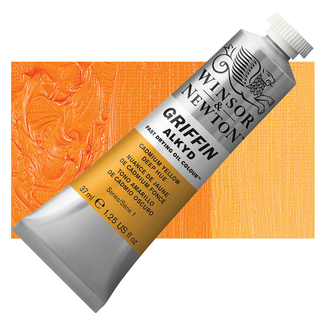 Open in modal - Winsor & Newton Griffin Alkyd - Cadmium Yellow Deep Hue, 37 ml tube and swatch