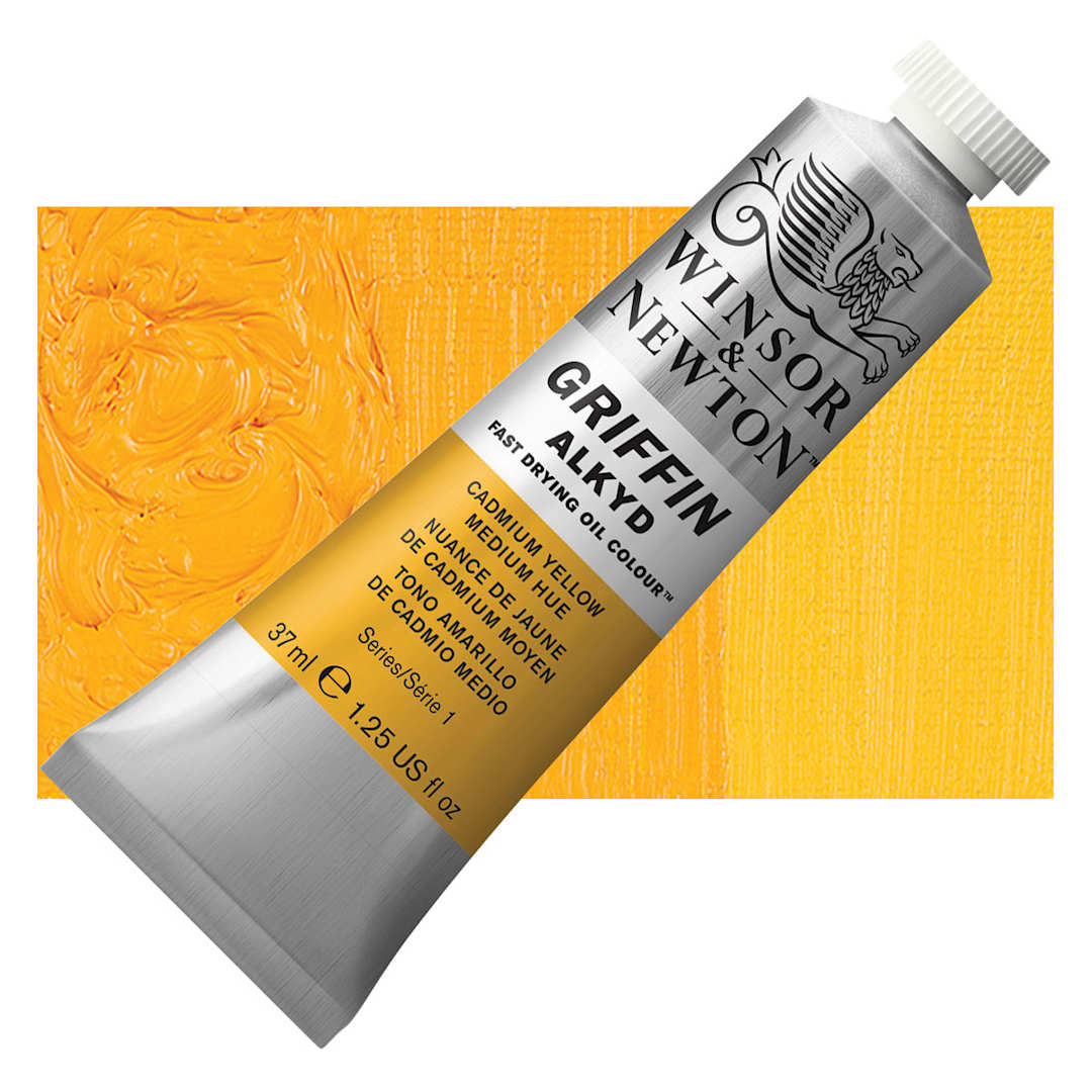 Open in modal - Winsor & Newton Griffin Alkyd - Cadmium Yellow Medium Hue, 37 ml tube and swatch