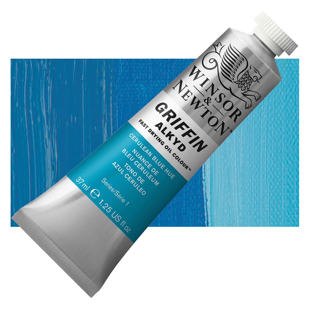 Open in modal - Winsor & Newton Griffin Alkyd - Cerulean Blue Hue, 37 ml tube and swatch