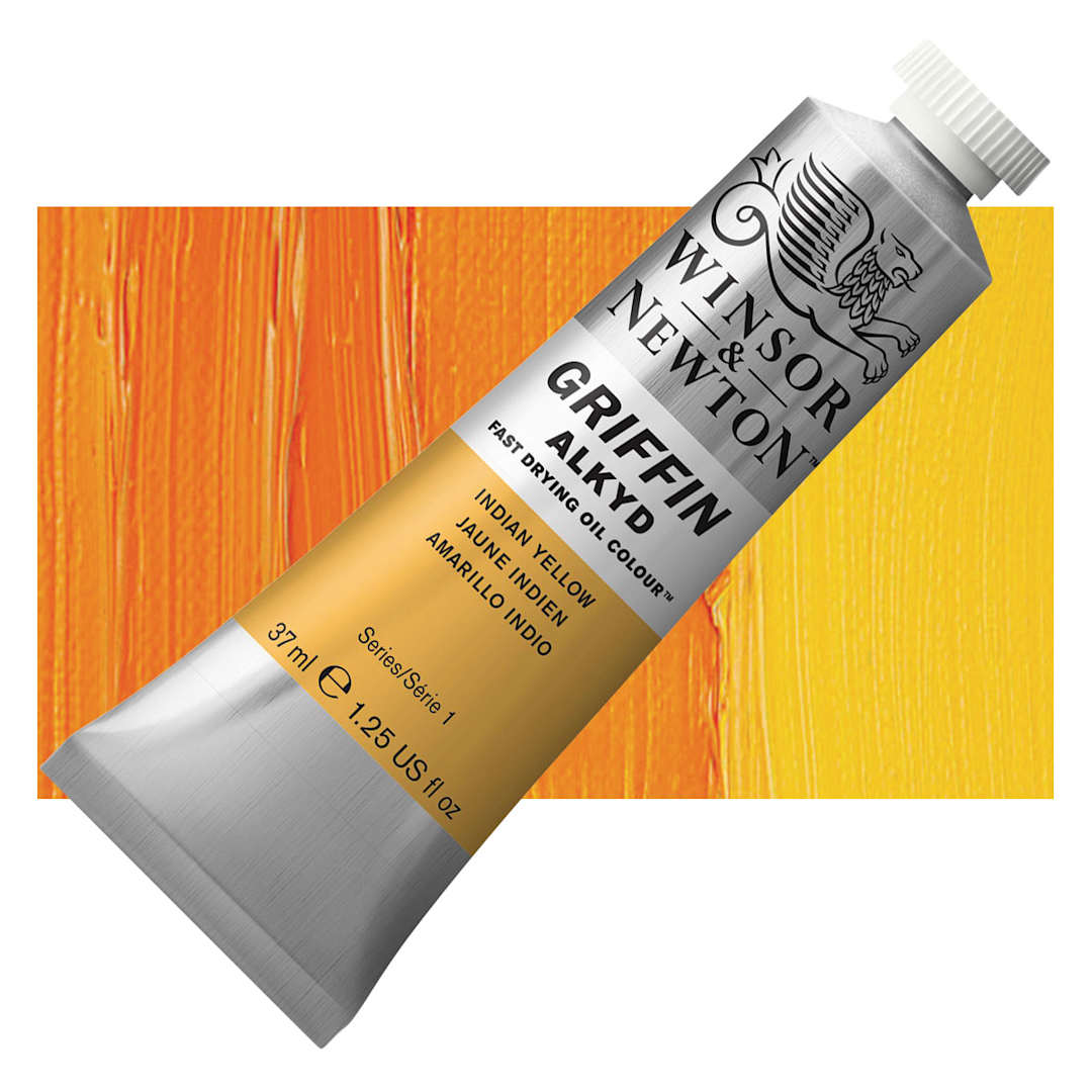 Open in modal - Winsor & Newton Griffin Alkyd - Indian Yellow, 37 ml tube and swatch