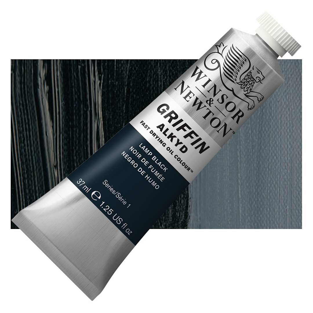 Open in modal - Winsor & Newton Griffin Alkyd - Lamp Black, 37 ml tube and swatch