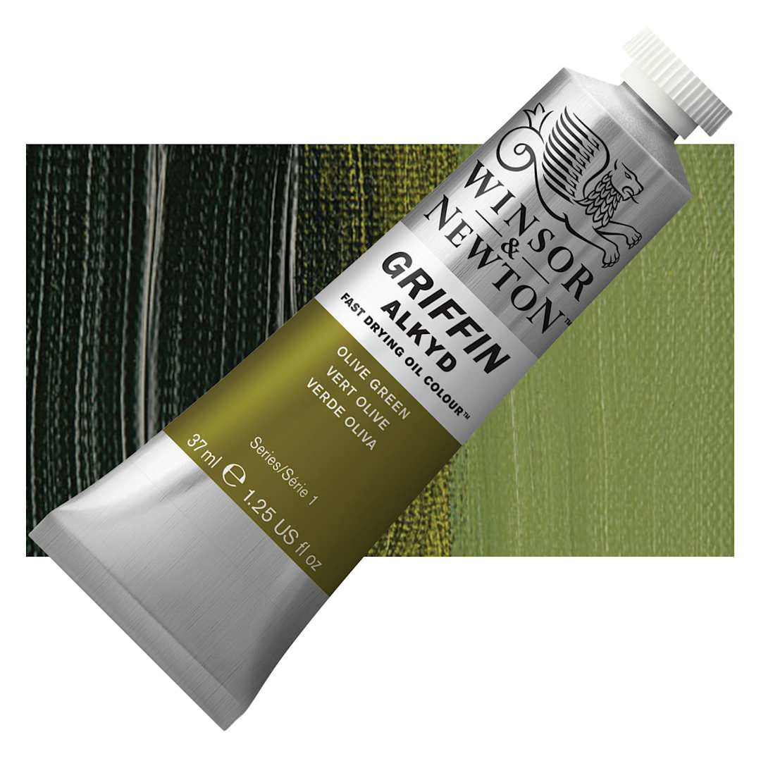 Open in modal - Winsor & Newton Griffin Alkyd - Olive Green, 37 ml tube and swatch