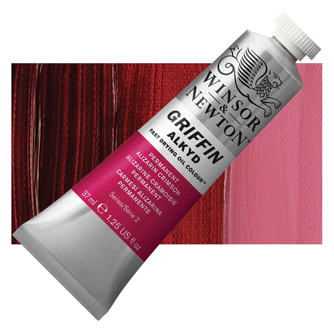 Open in modal - Winsor & Newton Griffin Alkyd - Permanent Alizarin Crimson, 37 ml tube and swatch