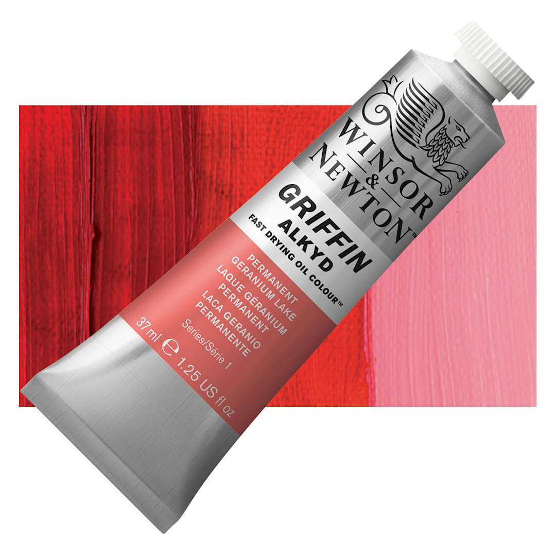 Open in modal - Winsor & Newton Griffin Alkyd - Permanent Geranium Lake, 37 ml tube and swatch