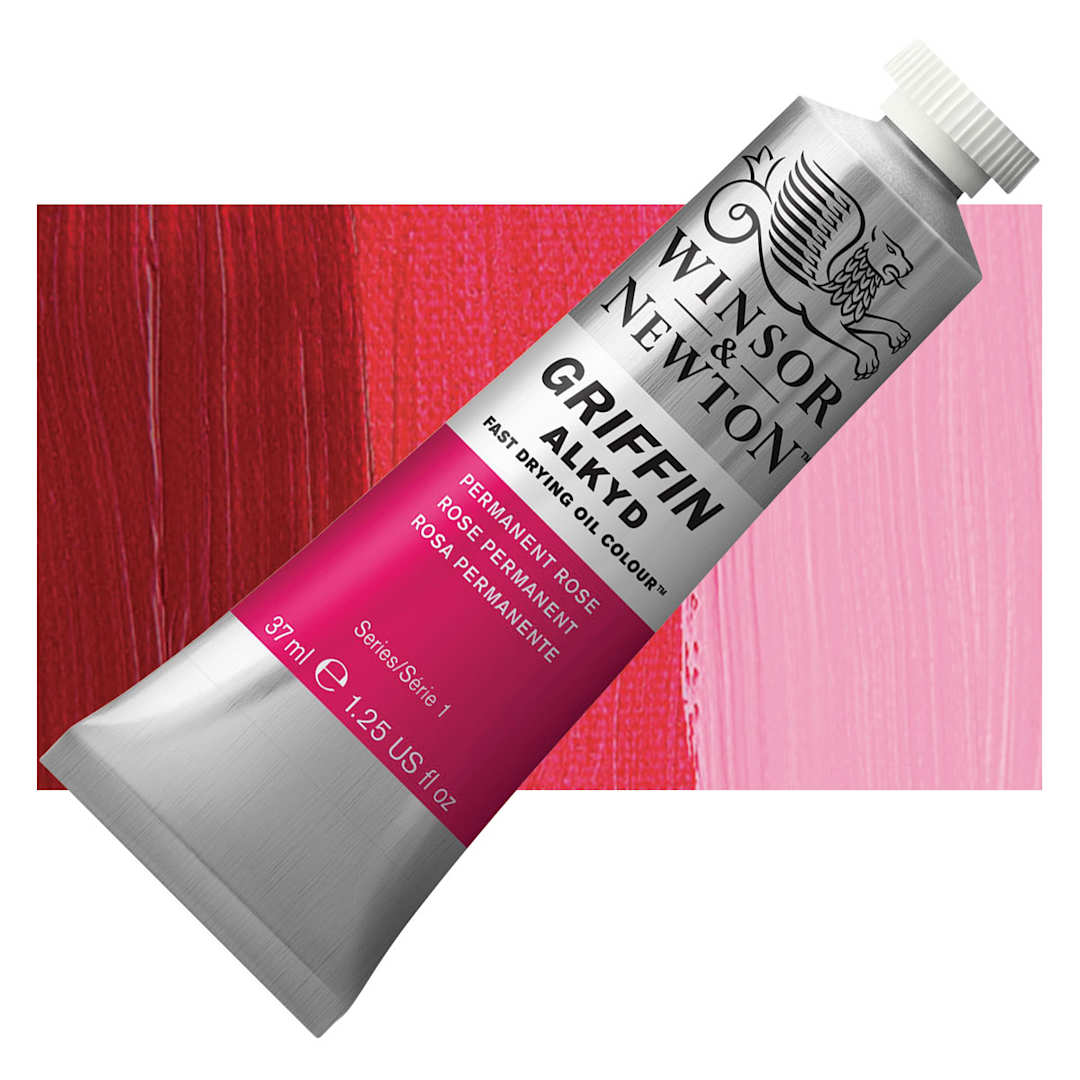 Open in modal - Winsor & Newton Griffin Alkyd - Permanent Rose, 37 ml tube and swatch