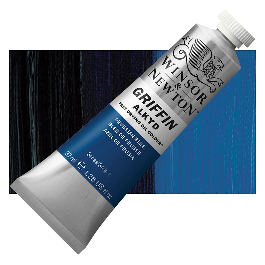 Open in modal - Winsor & Newton Griffin Alkyd - Prussian Blue, 37 ml tube and swatch