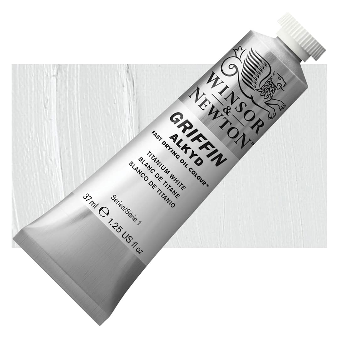 Open in modal - Winsor & Newton Griffin Alkyd - Titanium White, 37 ml tube and swatch