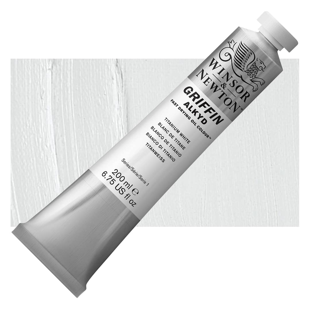 Open in modal - Winsor & Newton Griffin Alkyd - Titanium White, 200 ml tube and swatch