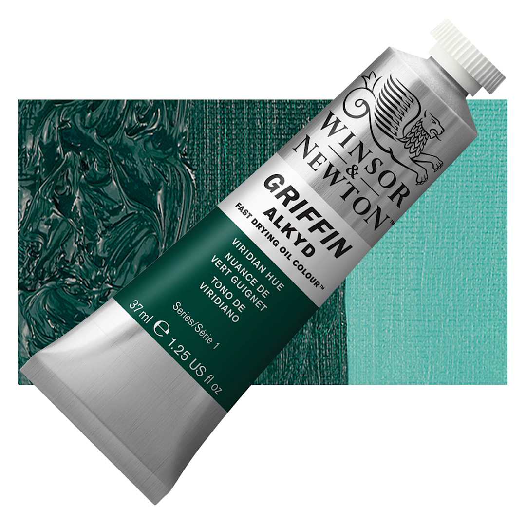 Open in modal - Winsor & Newton Griffin Alkyd - Viridian, 37 ml tube and swatch